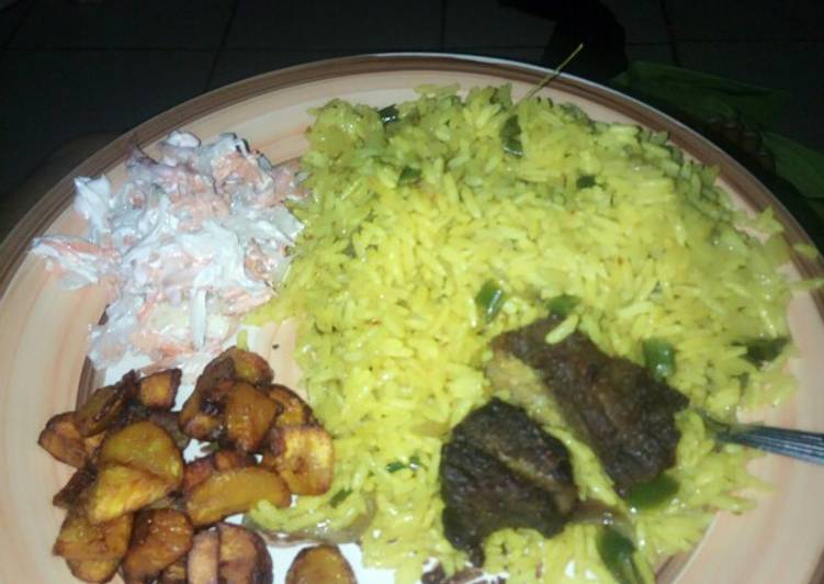 Recipe of Tastefully Fried rice,plantain and coleslaw