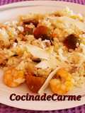 Risotto con champiñones, bacon y langostinos