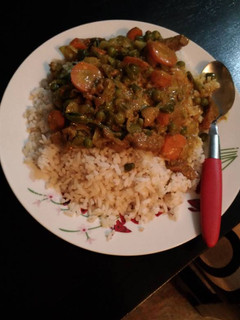 A picture of Rice with beef coconut sauce.