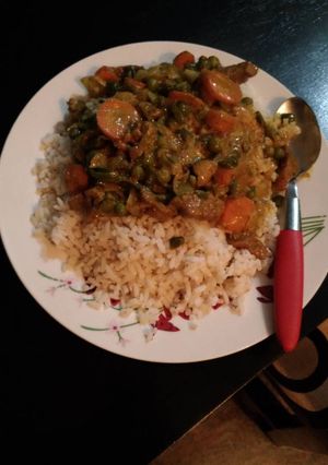 A picture of Rice with beef coconut sauce.