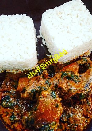 A picture of Banga stew/ofe akwu with boiled rice my way.