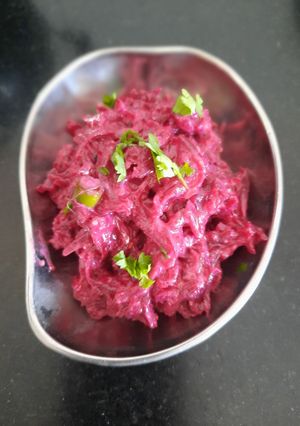 A picture of Beetroot raita.