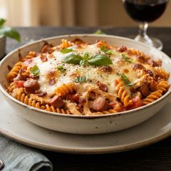 A picture of 🍽️ Fusilli al Forno (Creamy Baked Pasta with Sausage and Bacon).