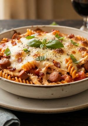 A picture of 🍽️ Fusilli al Forno (Creamy Baked Pasta with Sausage and Bacon).
