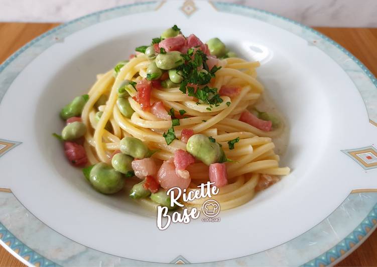 Spaghetti Fave, Guanciale e crema di Pecorino Romano