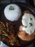 Steak with veggie and boiled rice