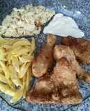 CHICKEN MARYLAND, CHIPS, SCRAMBLED EGGS AND SALAD CREAM