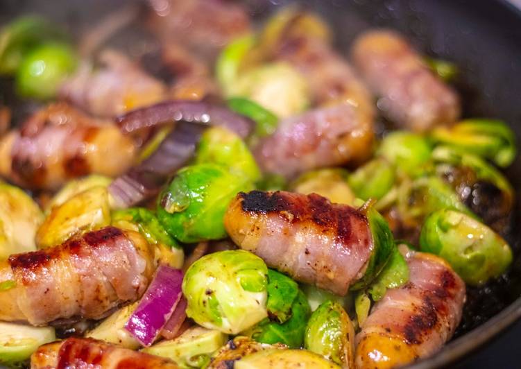 pig in blankets and brussel sprouts with sweet plum sauce recipe main photo