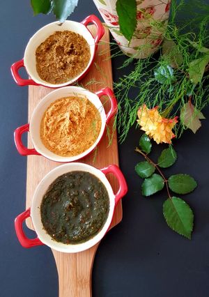 A picture of Trio Chutneys - Coconut, Peanut and Coriander Chutney dips.