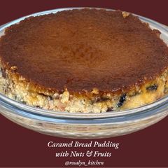 A picture of Caramel Bread Pudding with Nuts & Fruits.