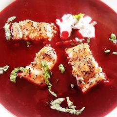 A picture of Sig's Beetroot, Cumin and Salmon Soup.