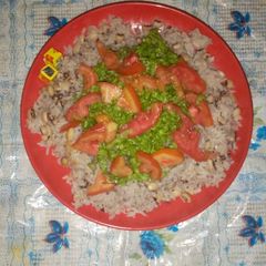 A picture of Rice and Beans with Salad.