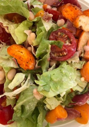 A picture of Dark Yellow Salad (Peach, Baby Carrot and Beans).