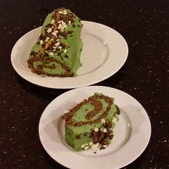 A picture of Chocolate Cake Roll with Pistachio Cream Filling and Frosting.
