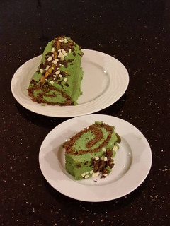 A picture of Chocolate Cake Roll with Pistachio Cream Filling and Frosting.