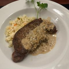 A picture of Steak with Whiskey Mustard Cream Sauce.