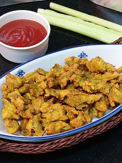A picture of Colocasia Stem Fritters /Arbi Ke Danthal ke Pakode.
