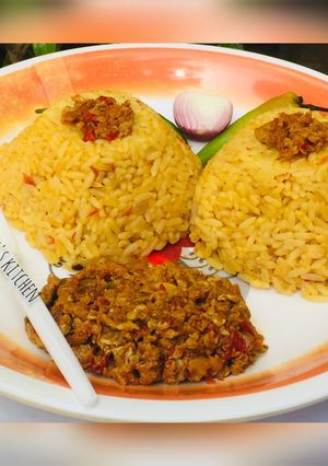 A picture of Jallop rice with egg sauce.