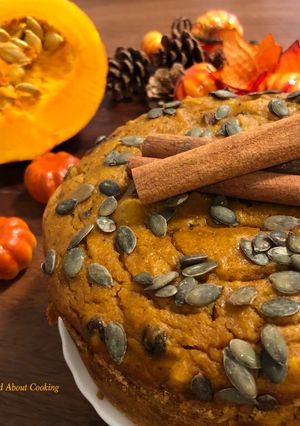 A picture of Eggless Whole Wheat Pumpkin Raisins Cake – Autumn Theme Cake.