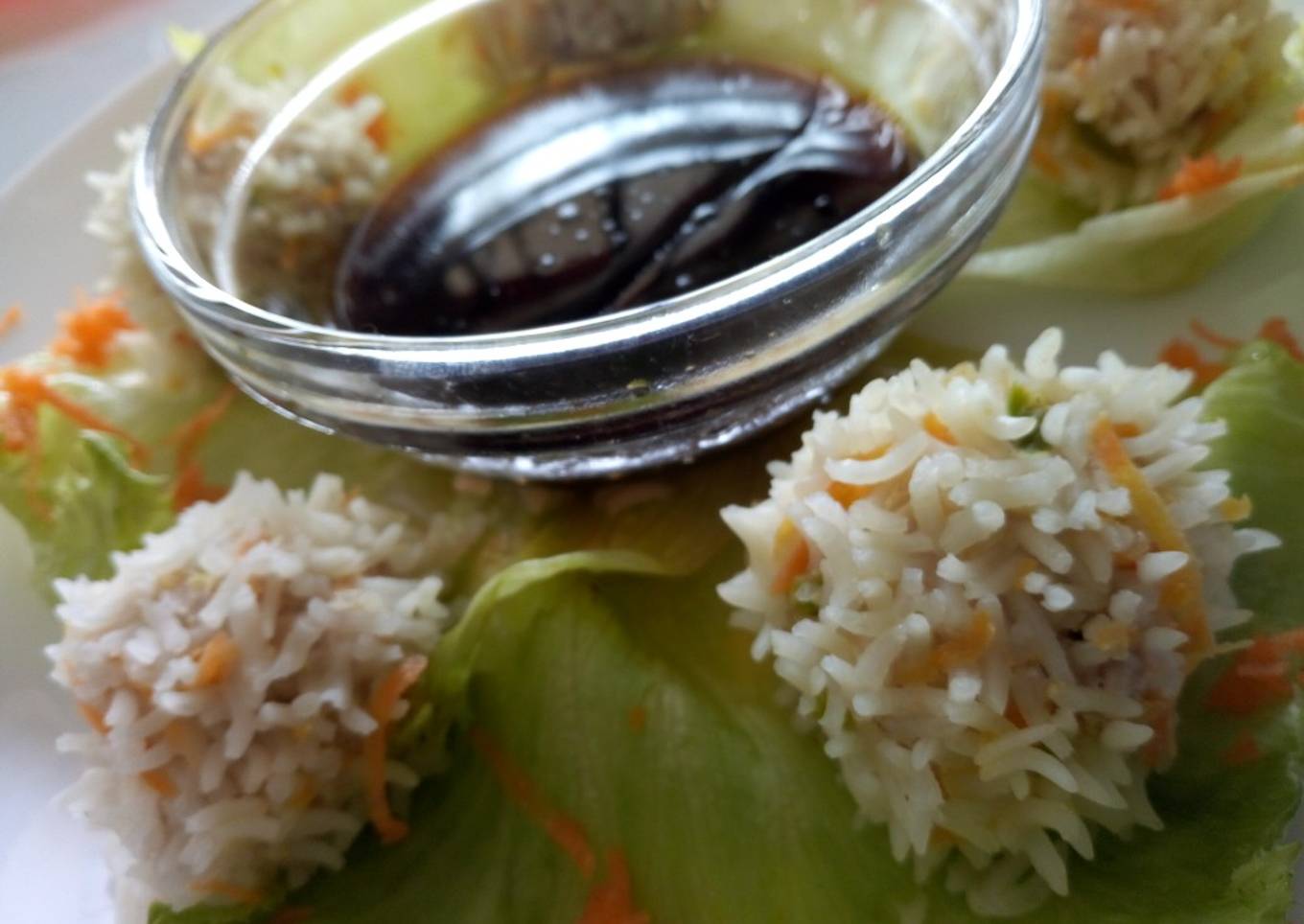 Chicken rice balls with soy dip
