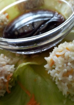 A picture of Chicken rice balls with soy dip.