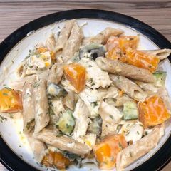 A picture of Chicken and butternut squash pasta.