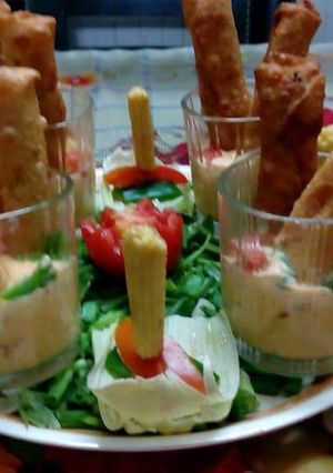 A picture of Party special starter – baby corn cigars with garlic mayonnaise dip!.
