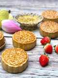 Mooncakes with Durian, Mung Bean, and Salted Egg Yolk Filling