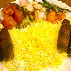 A picture of Persian Chelo Kabab with Saffron rice.