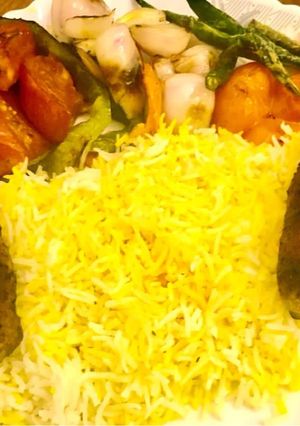 A picture of Persian Chelo Kabab with Saffron rice.