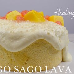 A picture of Mango sago lava cake (chiffon cake).