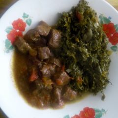 A picture of Stewed liver and vegetables.