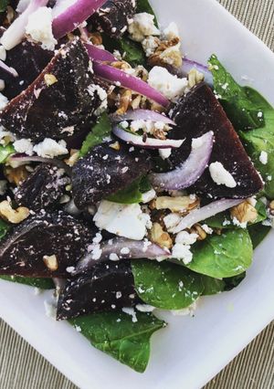 A picture of Beetroot Salad with Spinach and Feta.