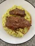Risotto pesto con picana al ajo