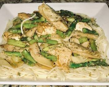 Ultimate Serving Recipe Jerusalem chicken grilled artichoke hearts Asparagus on top of angel hair pasta Delicious Simple