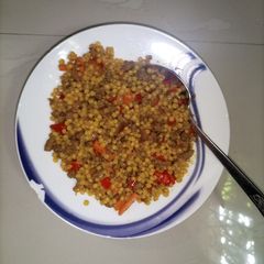 A picture of Pearl couscous with minced meat.