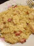 Risotto de pollo y panceta
