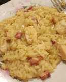 Risotto de pollo y panceta