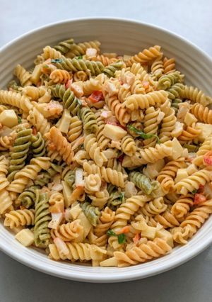 A picture of Seafood Pasta Salad with a Crisp Apple Twist.