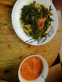 A picture of Chicken Breast with Beans and Carrot, Cucumber, and Orange Salad.