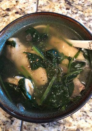 A picture of Bass Fish and Spinach Soup.