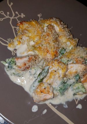 A picture of Cheesy Buffalo Chicken Broccoli and Asparagus Bake.