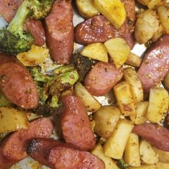 Roasted sausage and veggies A picture of Roasted sausage and veggies.