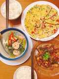 Menu gia đình hàng ngày 05 Thịt heo cháy cạnh  trứng chiên canh chua rau muống nấu tôm