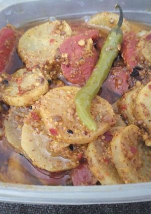 A picture of Gajer Mouli or Hari Mirch ka Achar.