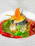 Rotolino di Sgombro & Crudo di Gambero Rosso su Salsa di Prezzemolo ed Acciughe