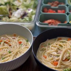 A picture of Almost homemade chicken noodle soup.