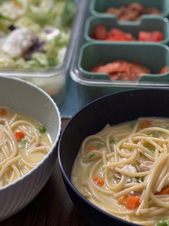 A picture of Almost homemade chicken noodle soup.