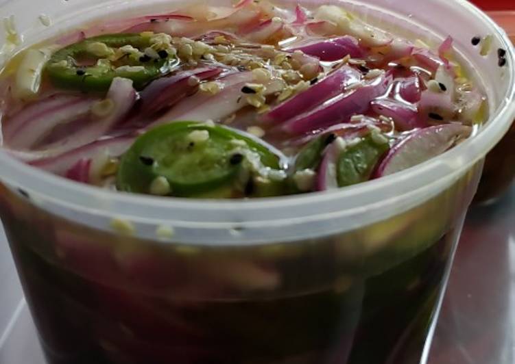 Pickled red onions with jalapenos