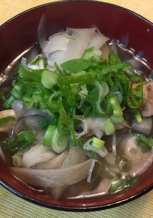 A picture of Japanese mushroom and chicken soup.